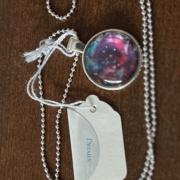 NEBULA IN SPACE PENDANT NECKLACE, HANDMADE, GLASS DOME ON METAL, 23 INCH SILVER- - Picture 2 of 3